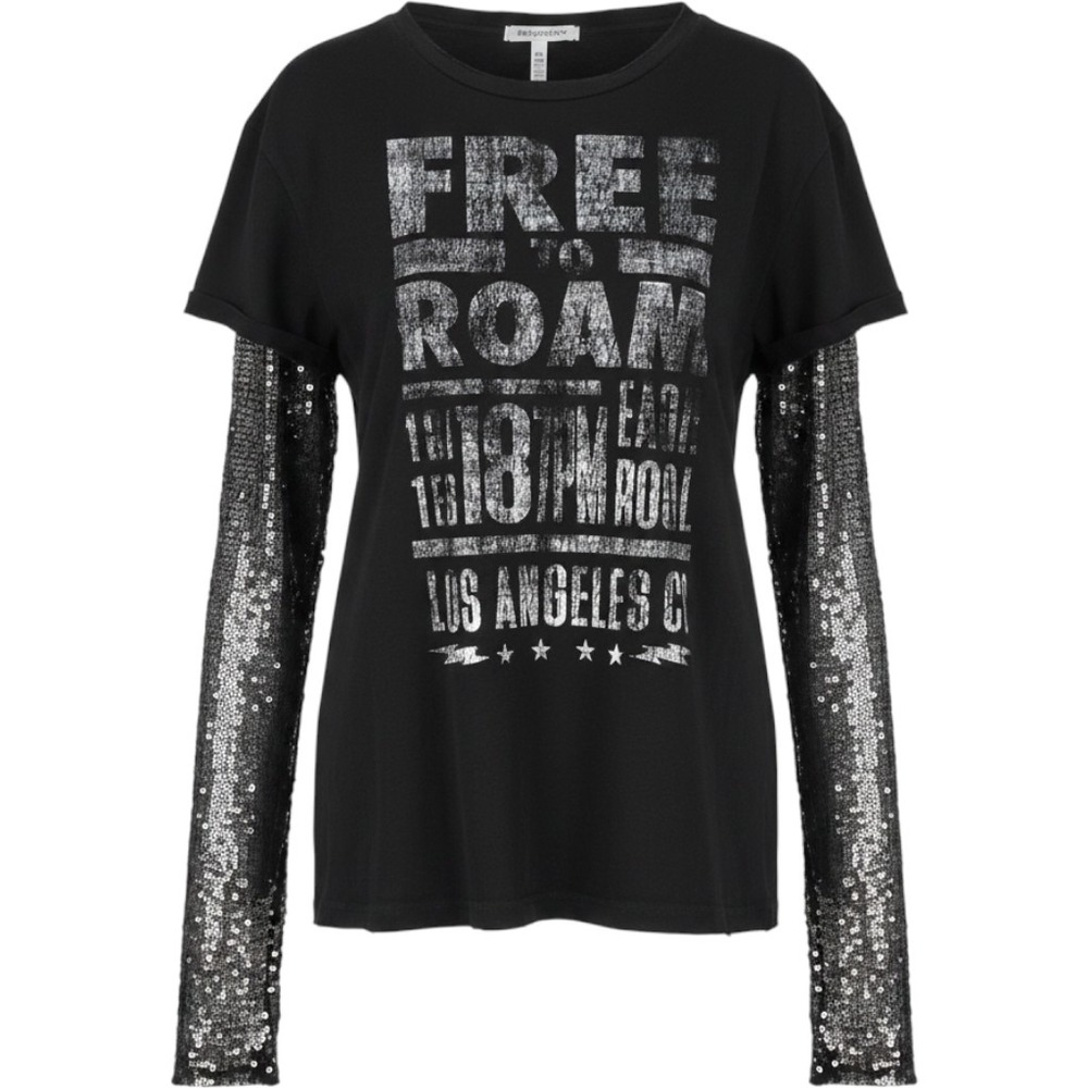 Free People Graphic Tee Women S Black Sequin Layered Distressed Rocker Boho Edgy